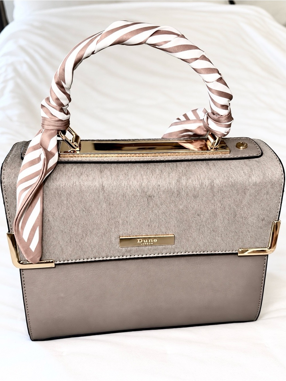 Dune London Taupe Gray Structured Satchel Crossbody Bag + Twilly x2